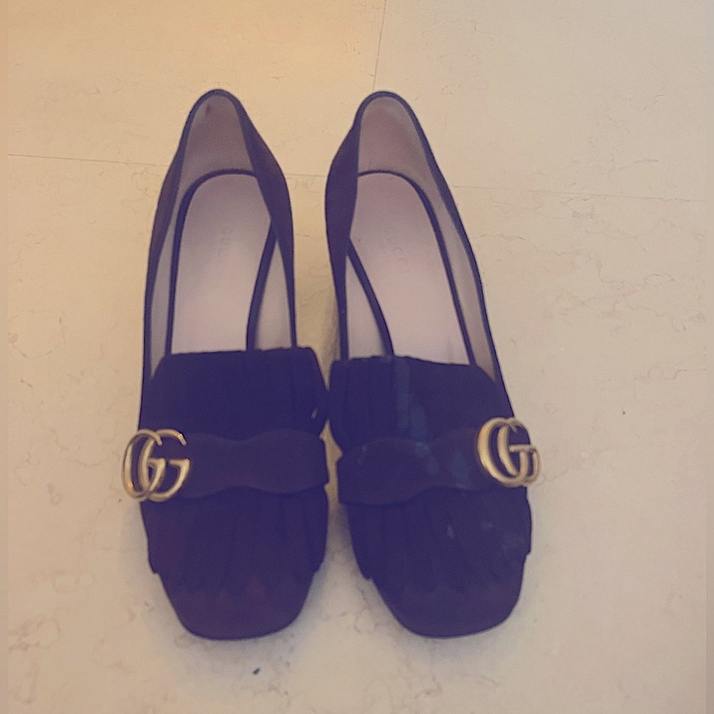 Gucci Malaga Kid GG Marmont Fringe 50mm Loafer Pumps Vintage Bordeaux